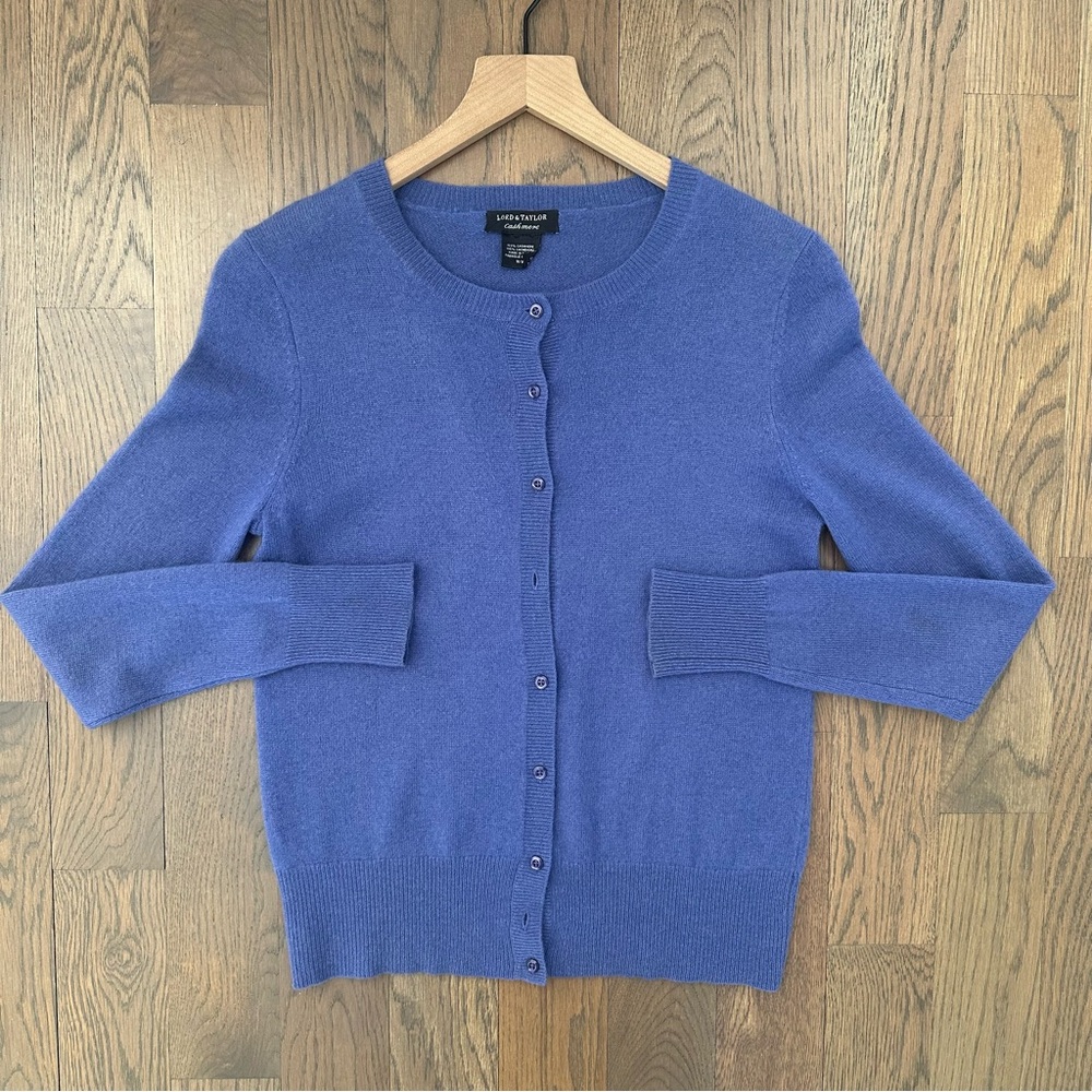 Lord & Taylor Cashmere Crew Neck Button Front Cardigan Sweater Cornflower Blue M